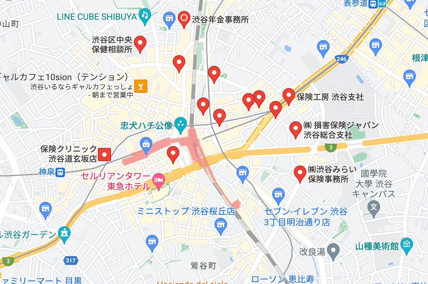 渋谷の保険相談窓口のマップ